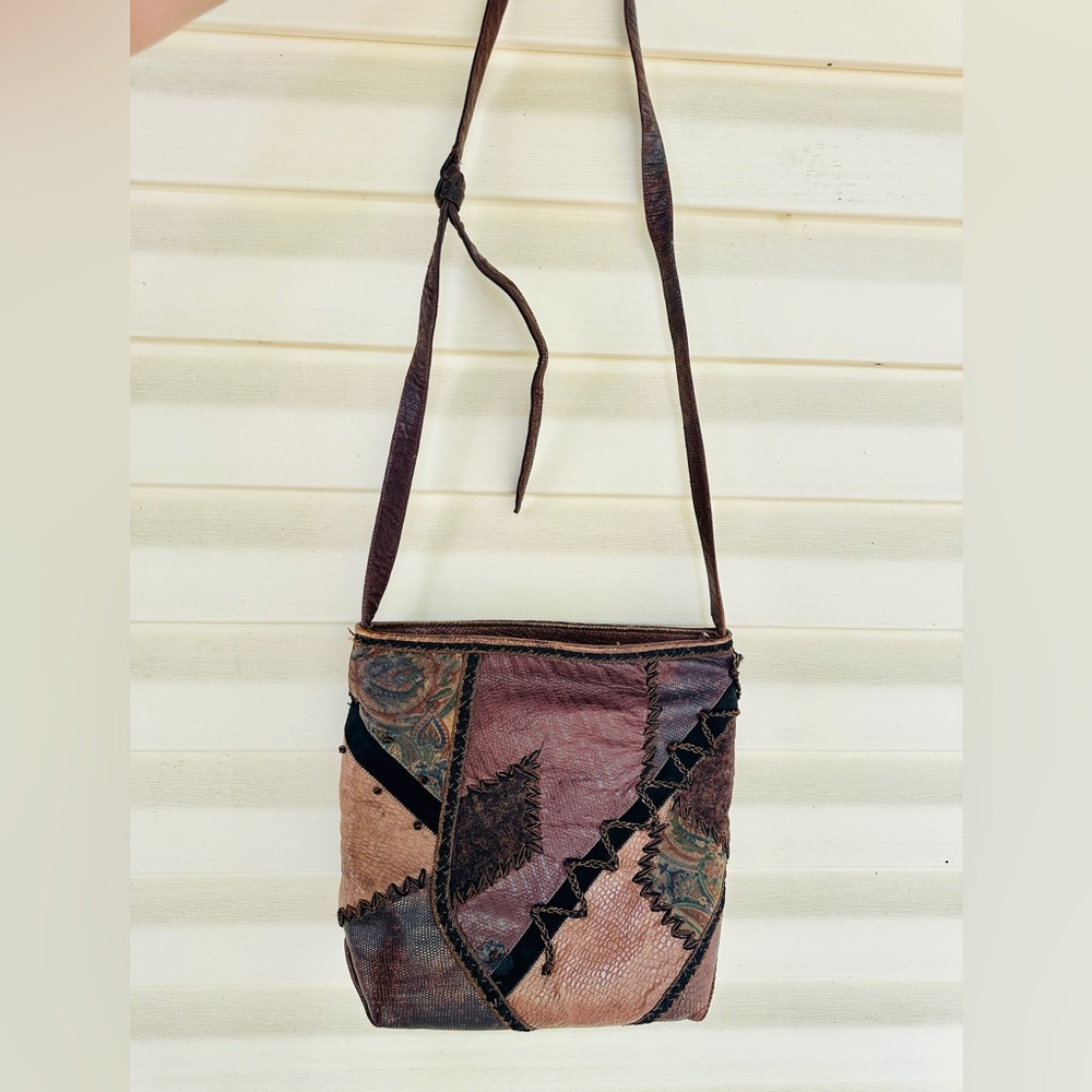 Sharif Tan and Brown Patchwork Leather Crossbody Bag Vintage Purse